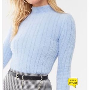 Cropped Fuzzy Ribbed Mock Neck Sweater